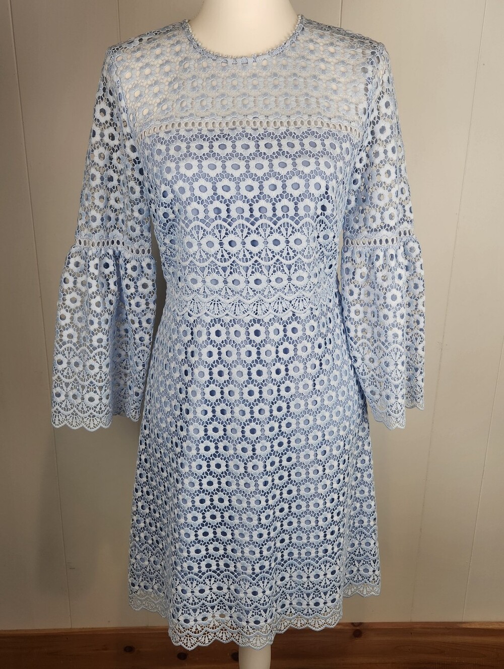 J. Crew Eyelet Lace Midi Dress 4 Blue Lined Knee Mother Of Bride Balloon Sleeve
